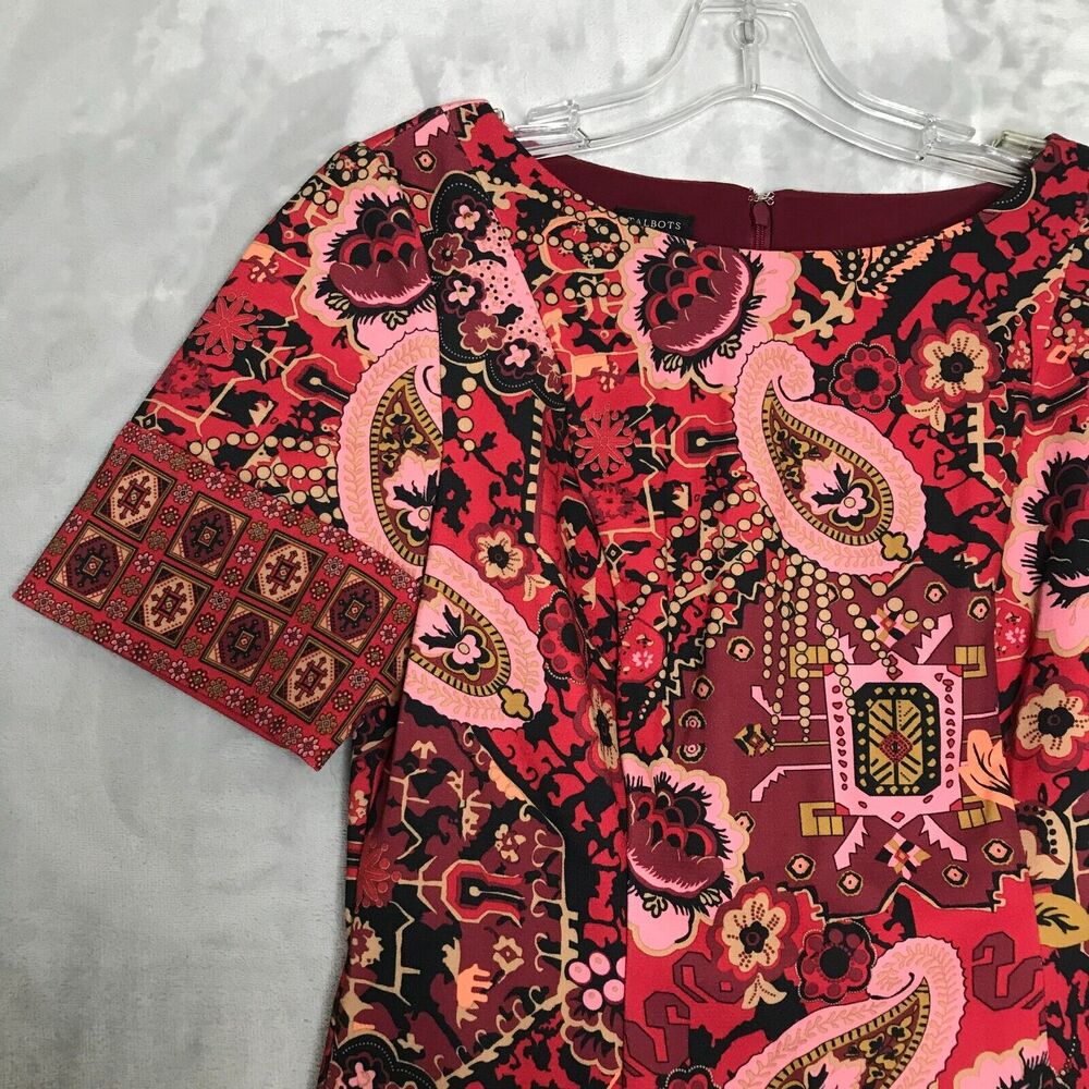 Talbots Dress Womens 6 Red Multicolor Ponte Knit Sheath Short Sleeve Stretch - Picture 3 of 8